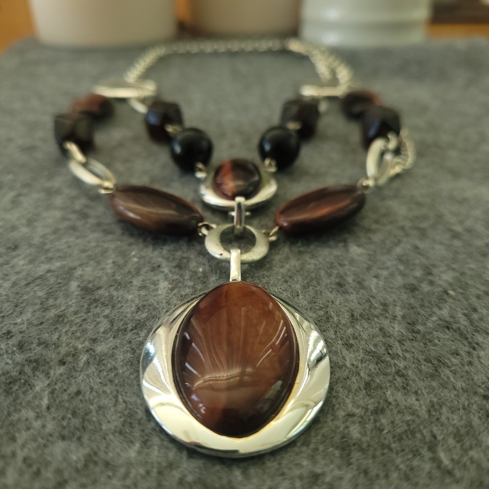 Etienne Aigner Vintage Double-Strand Statement Necklace Brown Black 17"